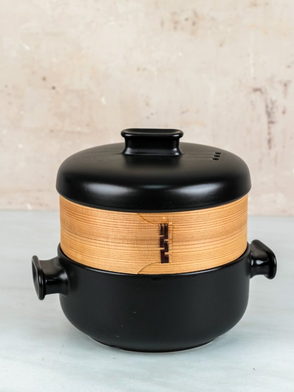 Black Ceramic Flameware Stovetop Steamer with Bamboo Insert